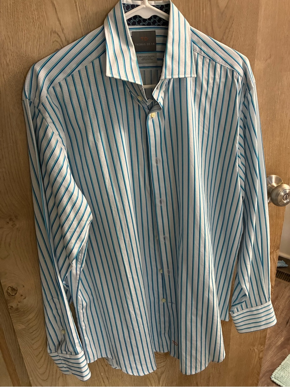 Thomas Dean White Dress Shirt with Blue Stripes